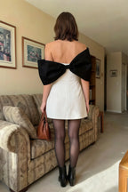 Bella White and Black Satin Bandeau A-Line Mini Dress with Bow Sleeves