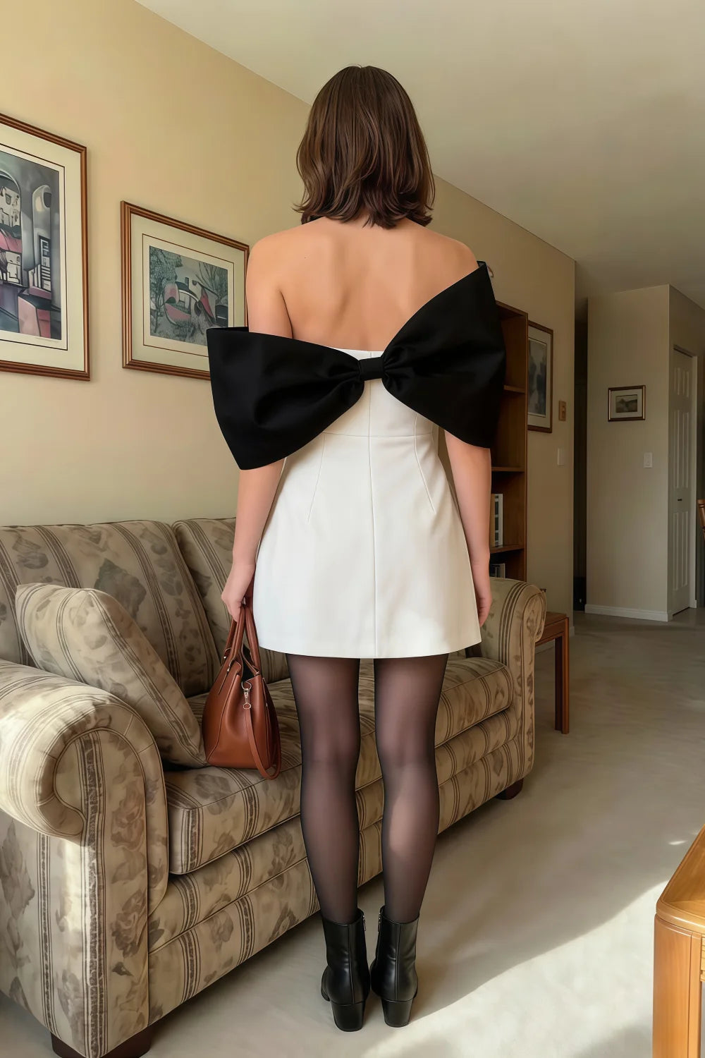 Bella White and Black Satin Bandeau A-Line Mini Dress with Bow Sleeves
