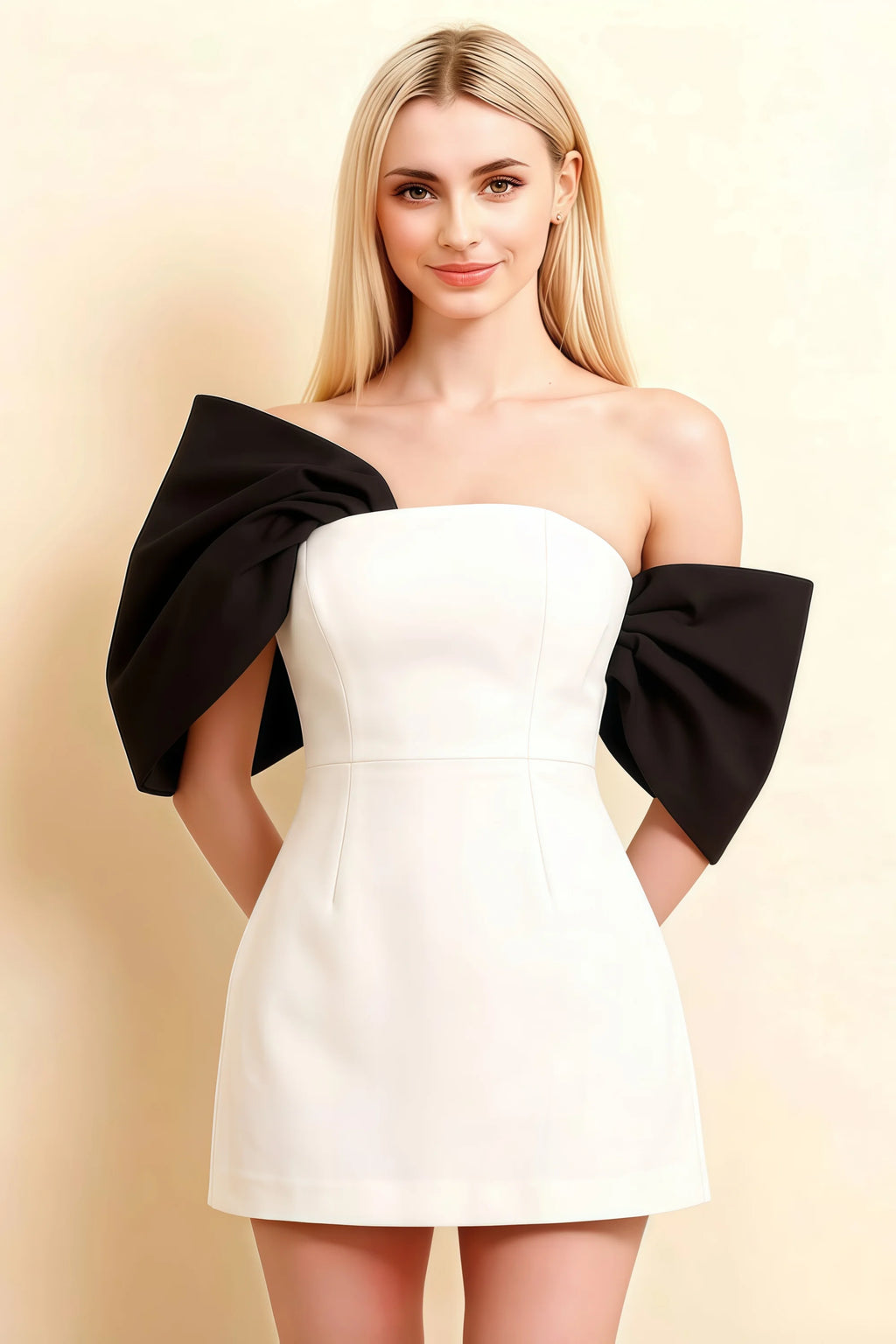 Bella White and Black Satin Bandeau A-Line Mini Dress with Bow Sleeves