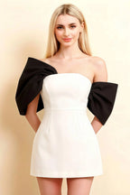 Bella White and Black Satin Bandeau A-Line Mini Dress with Bow Sleeves