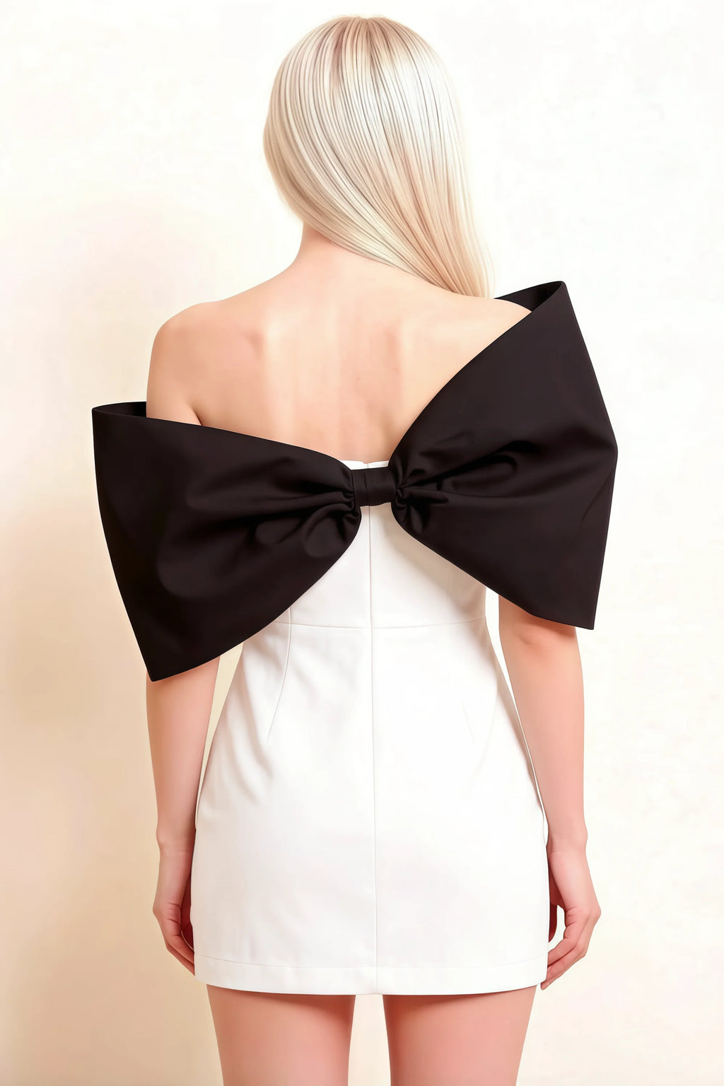 Bella White and Black Satin Bandeau A-Line Mini Dress with Bow Sleeves