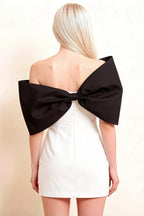 Bella White and Black Satin Bandeau A-Line Mini Dress with Bow Sleeves