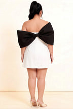 Bella White and Black Satin Bandeau A-Line Mini Dress with Bow Sleeves