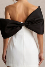 Bella White and Black Satin Bandeau A-Line Mini Dress with Bow Sleeves