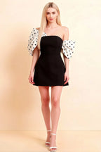 Bella White Polka Dot Satin Bandeau A-Line Mini Dress with Bow Sleeves