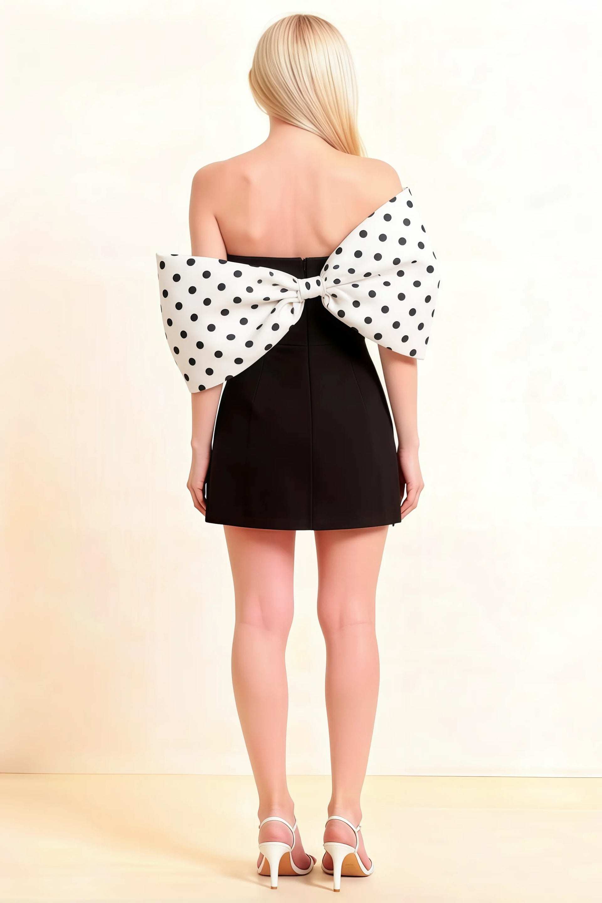 Bella White Polka Dot Satin Bandeau A-Line Mini Dress with Bow Sleeves