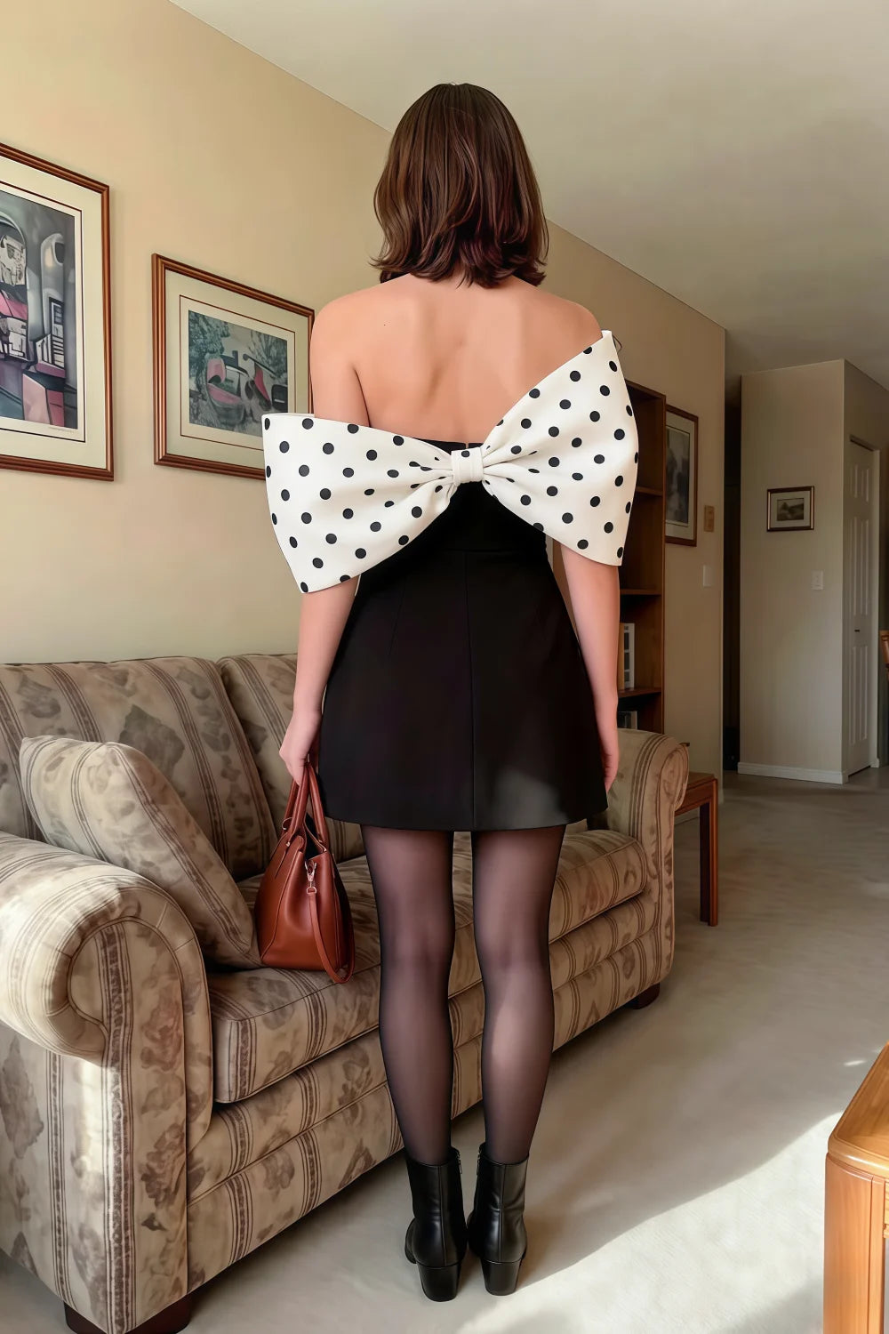 Bella White Polka Dot Satin Bandeau A-Line Mini Dress with Bow Sleeves