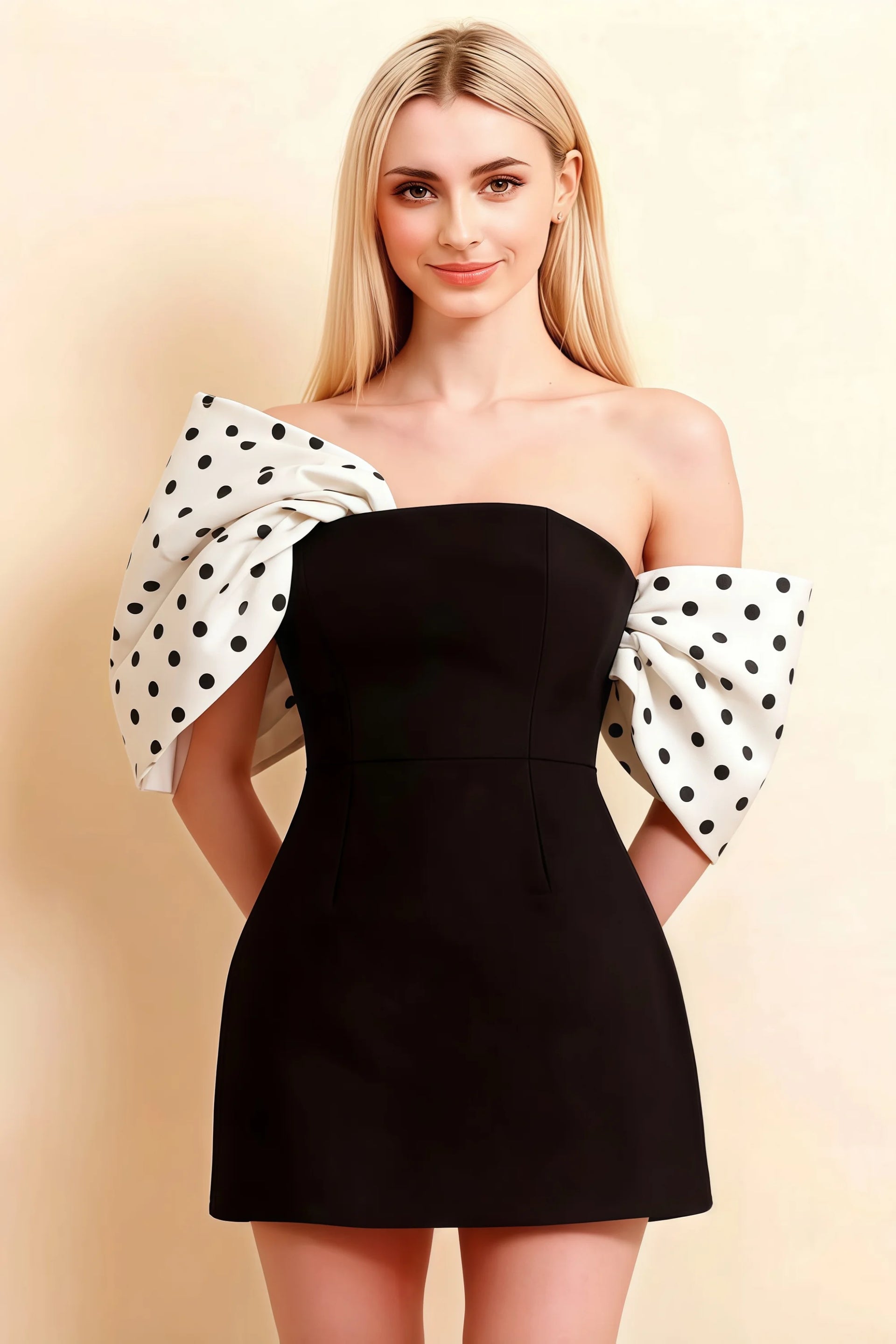 Bella White Polka Dot Satin Bandeau A-Line Mini Dress with Bow Sleeves