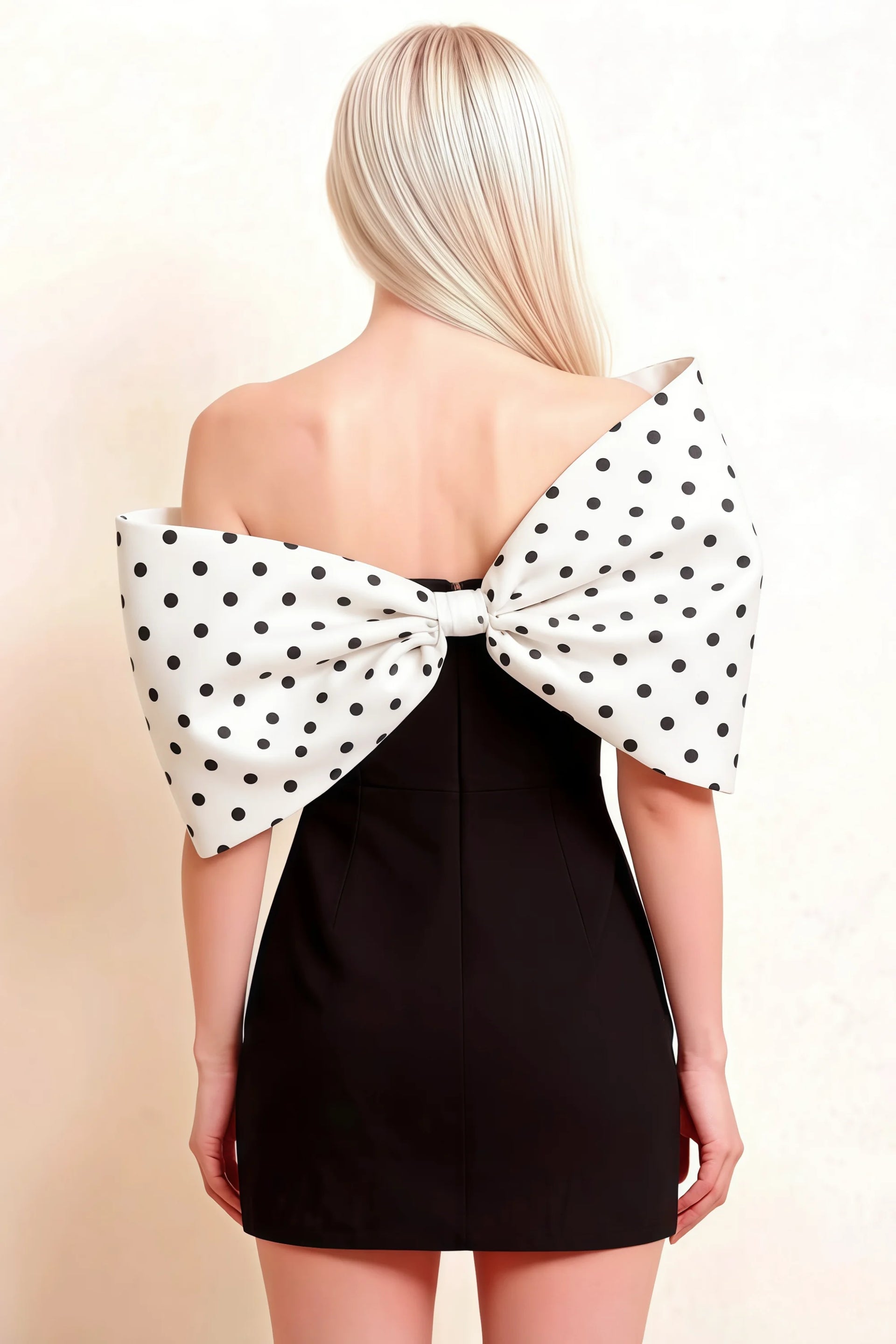Bella White Polka Dot Satin Bandeau A-Line Mini Dress with Bow Sleeves