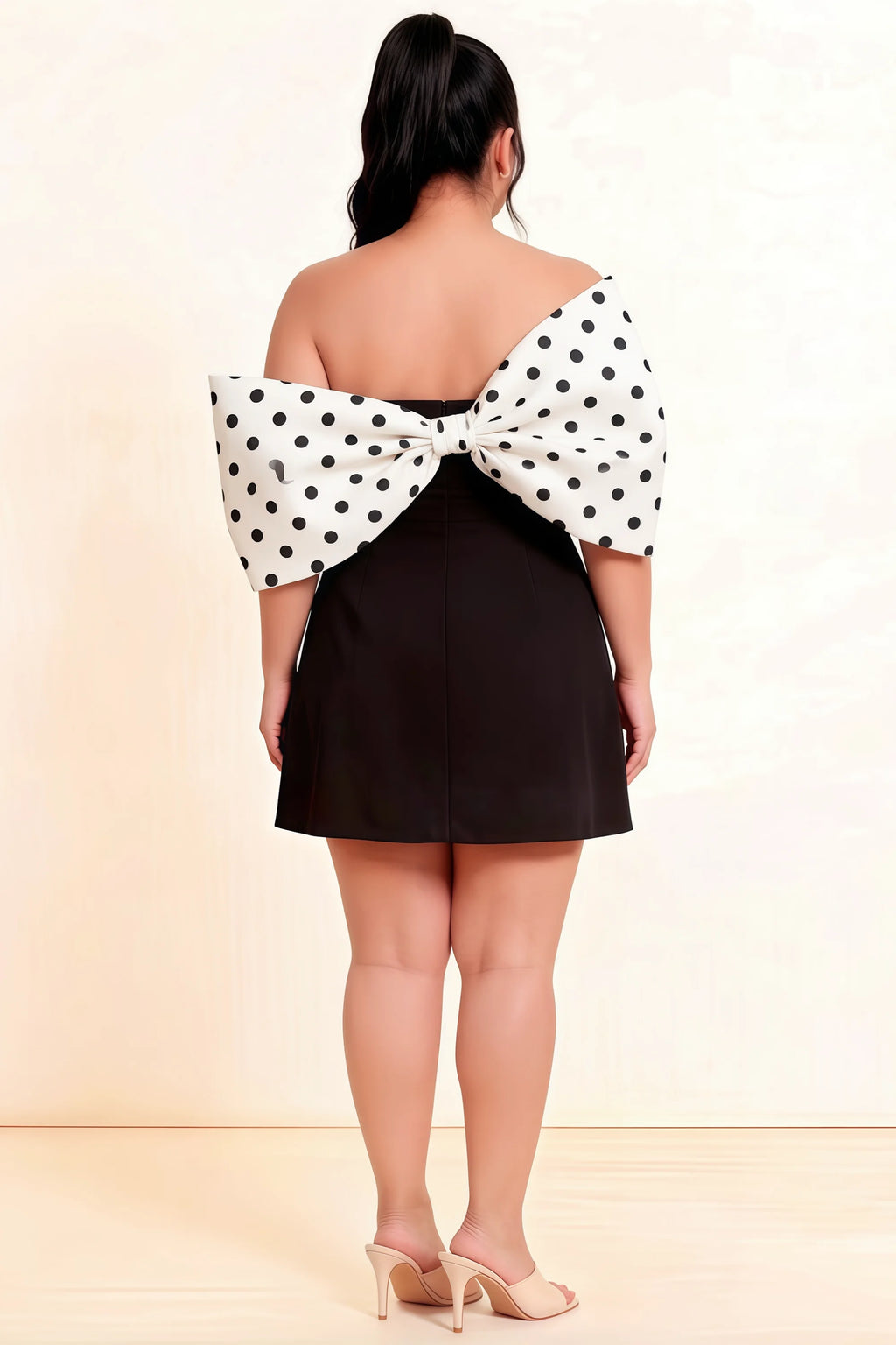 Bella White Polka Dot Satin Bandeau A-Line Mini Dress with Bow Sleeves