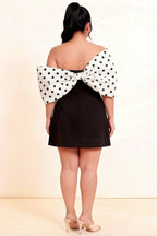 Bella White Polka Dot Satin Bandeau A-Line Mini Dress with Bow Sleeves
