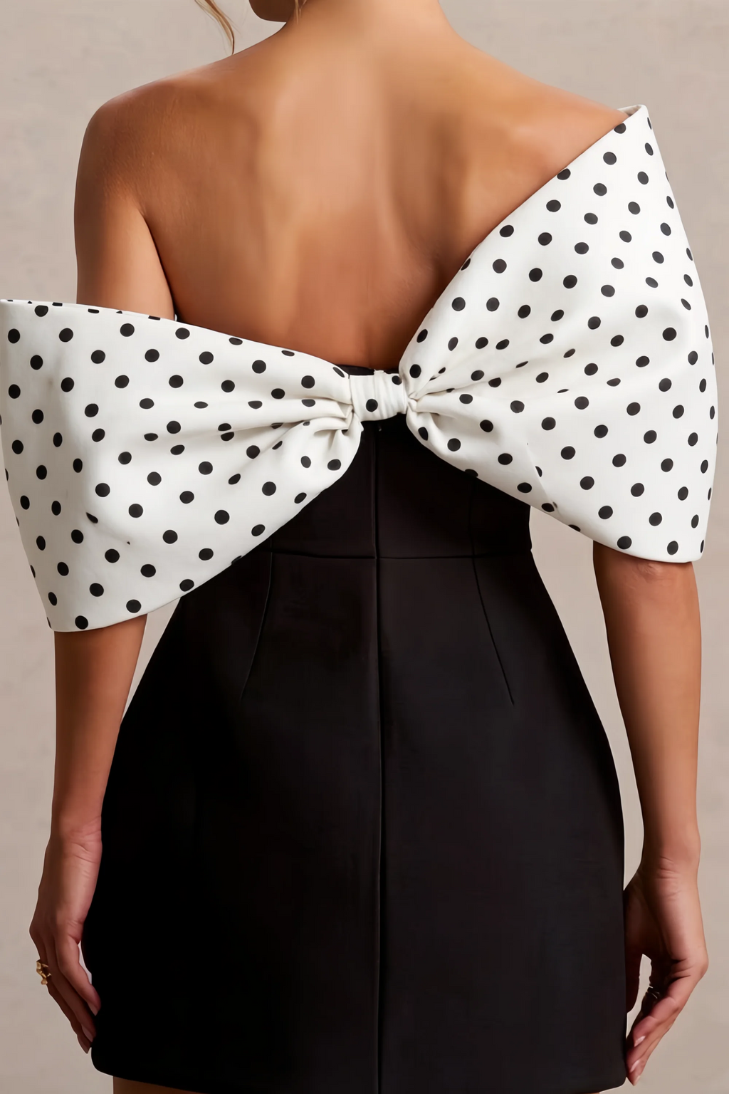 Bella White Polka Dot Satin Bandeau A-Line Mini Dress with Bow Sleeves
