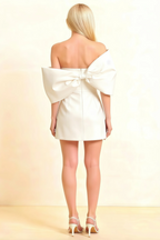 Bella White Satin Bandeau A-Line Mini Dress with Bow Sleeves
