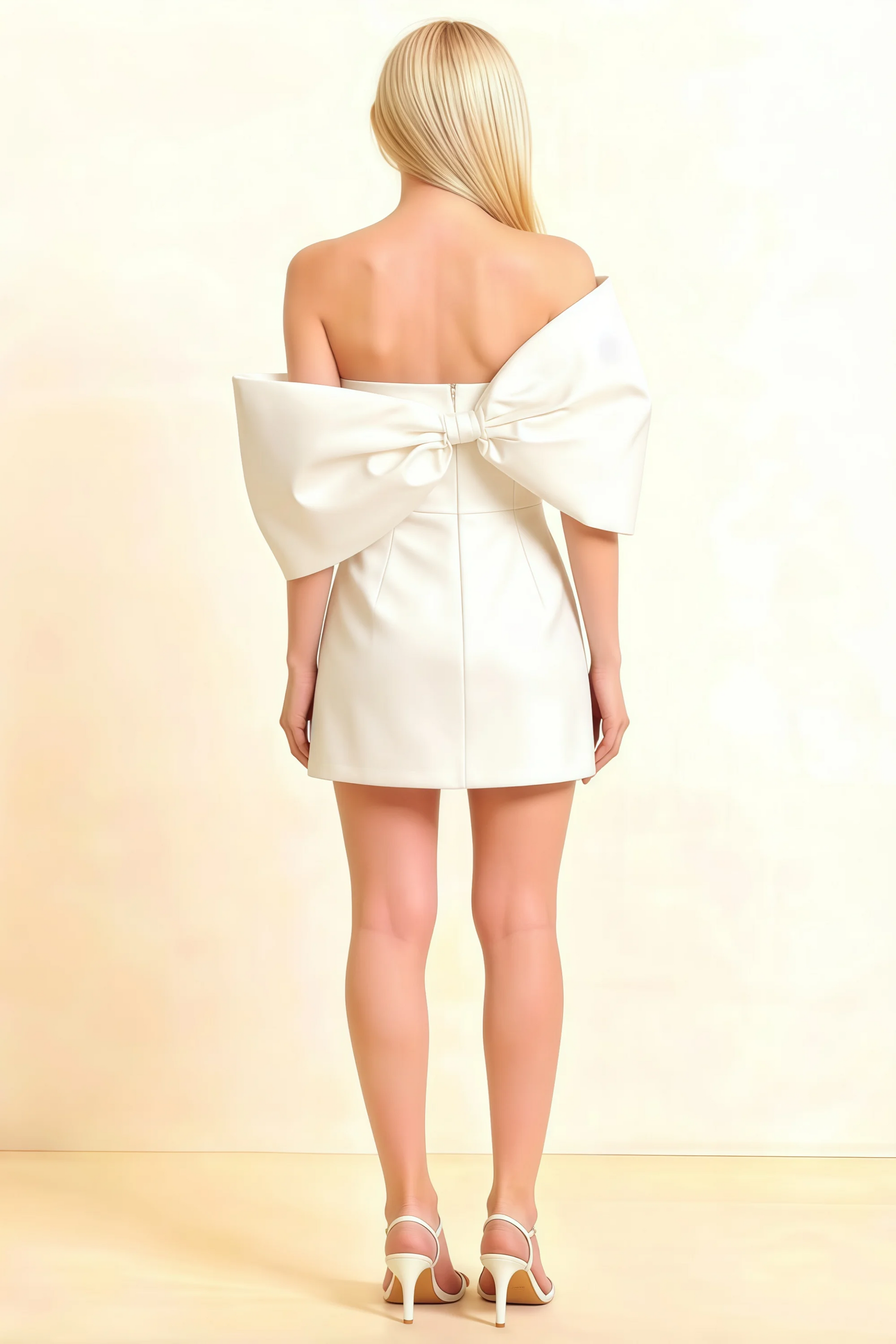 Bella White Satin Bandeau A-Line Mini Dress with Bow Sleeves