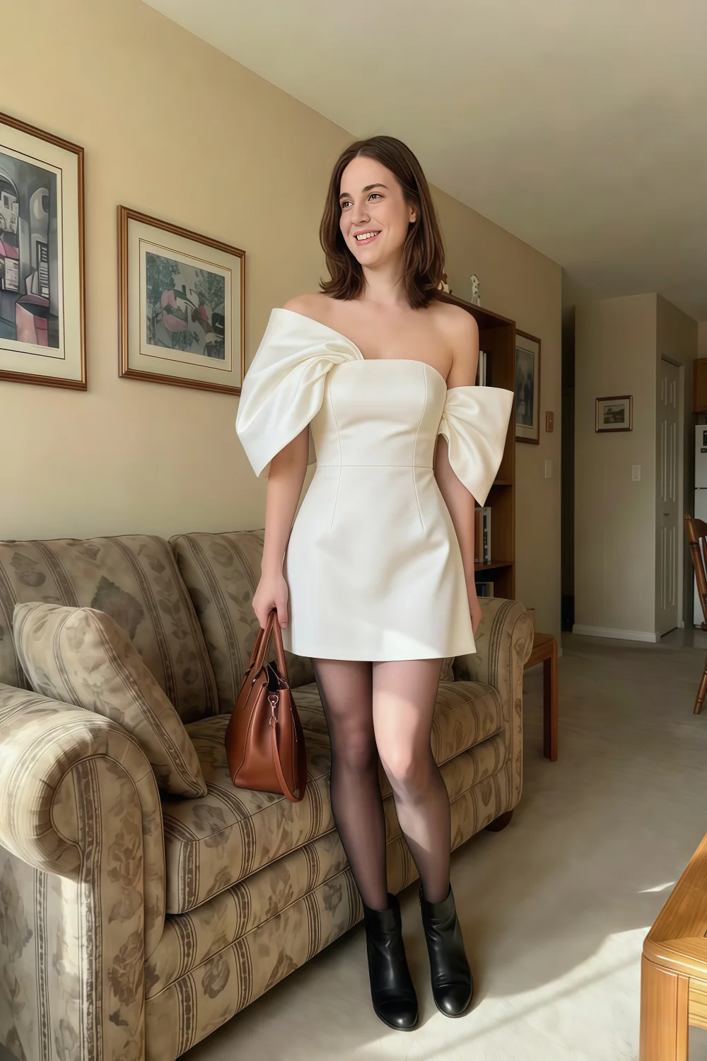 Bella White Satin Bandeau A-Line Mini Dress with Bow Sleeves