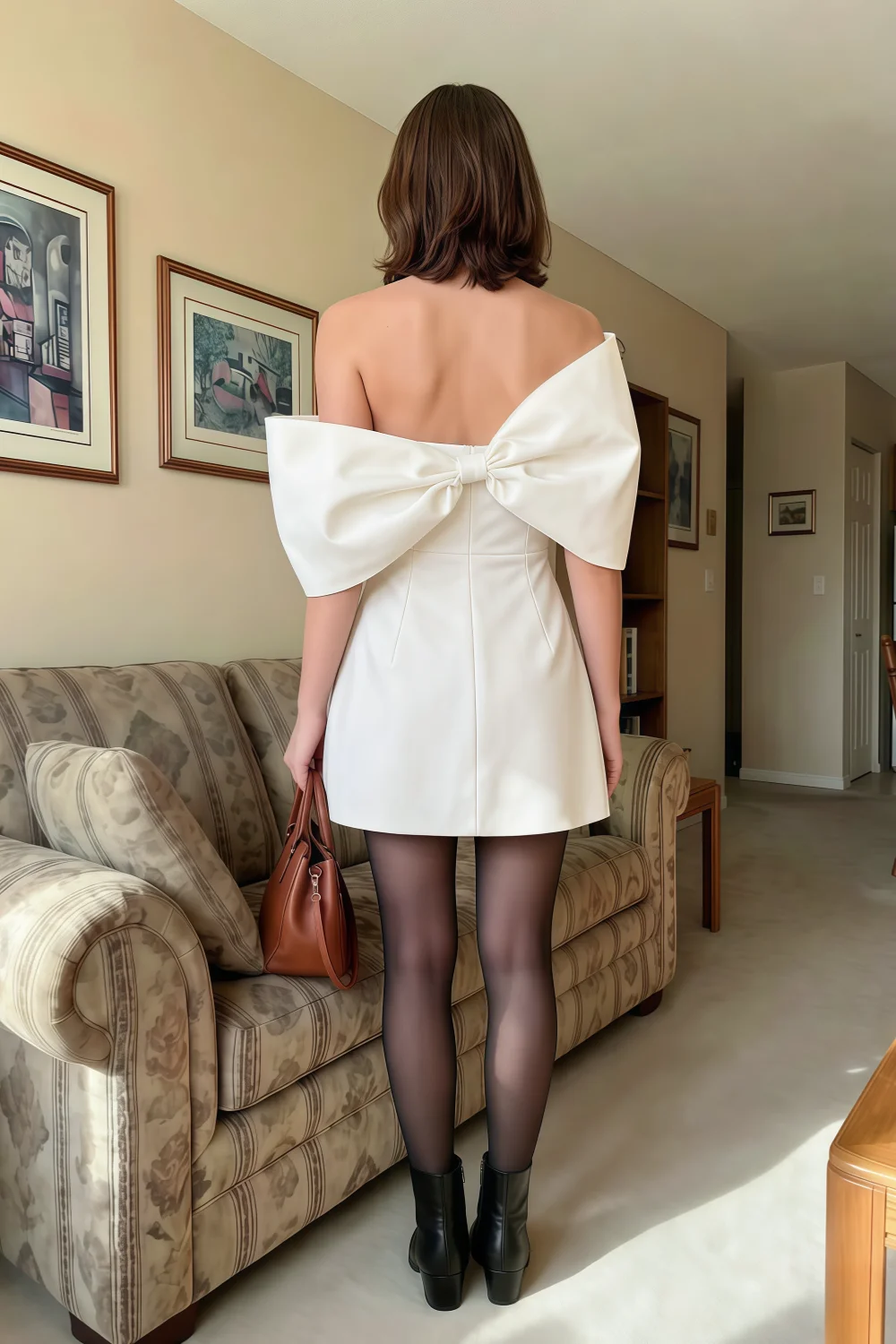 Bella White Satin Bandeau A-Line Mini Dress with Bow Sleeves