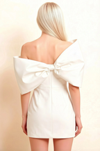 Bella White Satin Bandeau A-Line Mini Dress with Bow Sleeves