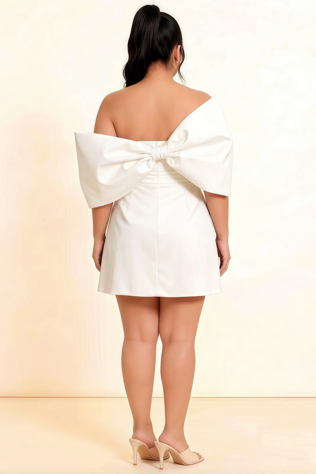 Bella White Satin Bandeau A-Line Mini Dress with Bow Sleeves