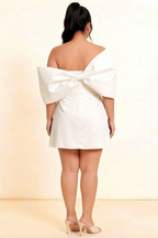 Bella White Satin Bandeau A-Line Mini Dress with Bow Sleeves