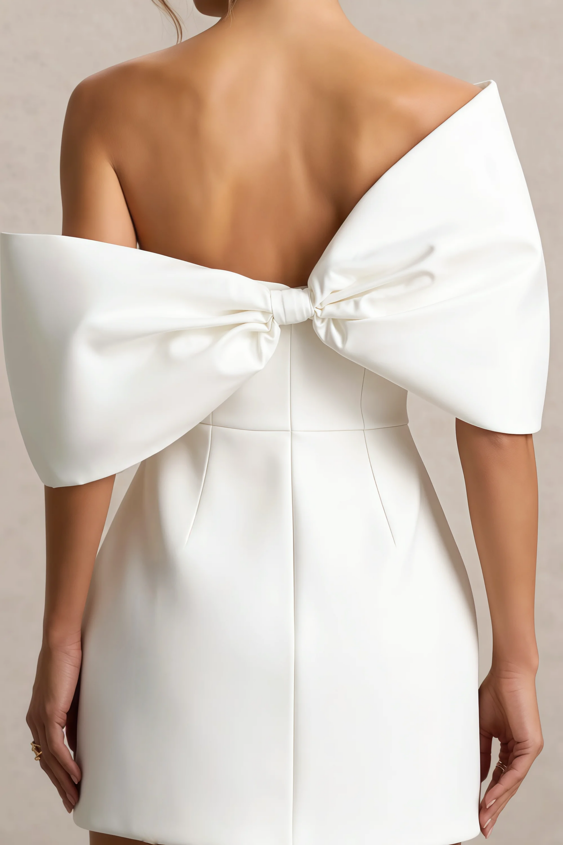 Bella White Satin Bandeau A-Line Mini Dress with Bow Sleeves