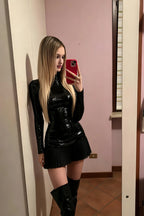 Belle Black Sequin Pleats High Neck Mini Dress Long Sleeve