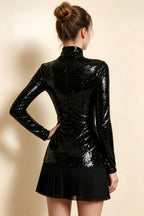 Belle Black Sequin Pleats High Neck Mini Dress Long Sleeve
