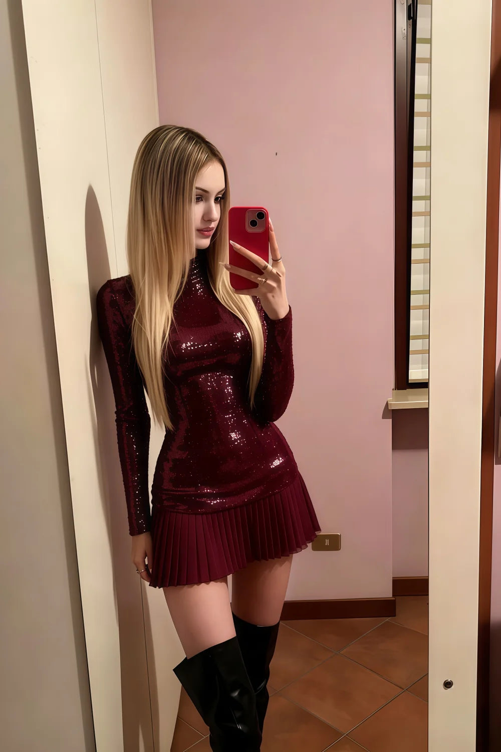 Belle Burgundy Sequin Pleats High Neck Mini Dress Long Sleeve
