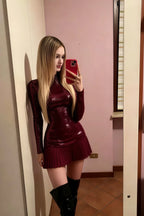 Belle Burgundy Sequin Pleats High Neck Mini Dress Long Sleeve