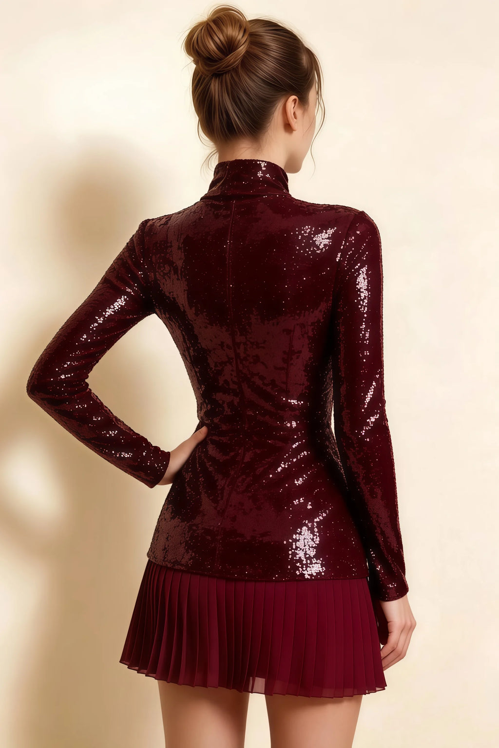 Belle Burgundy Sequin Pleats High Neck Mini Dress Long Sleeve