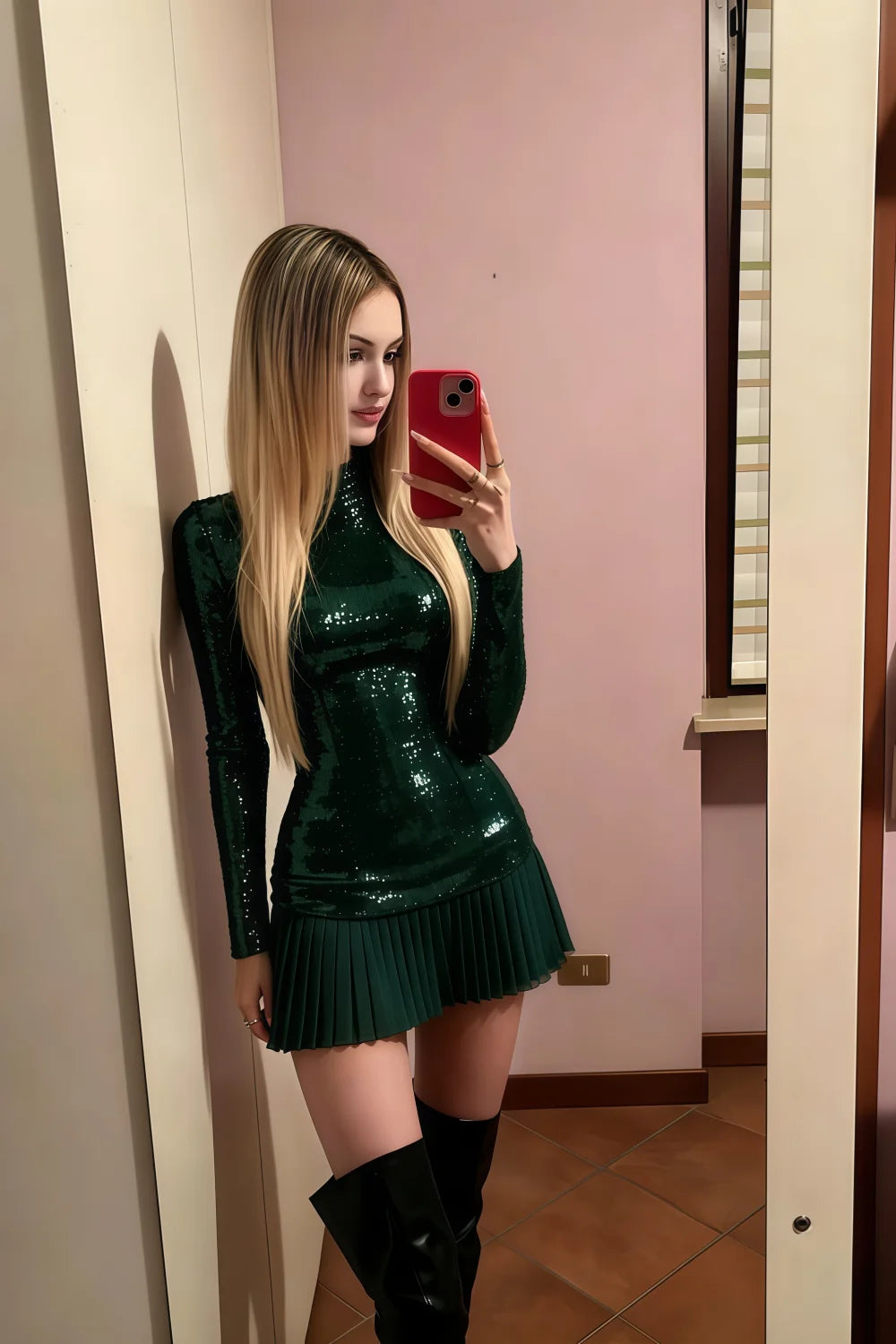 Belle Emerald Green Sequin Pleats High Neck Mini Dress Long Sleeve