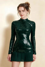 Belle Emerald Green Sequin Pleats High Neck Mini Dress Long Sleeve
