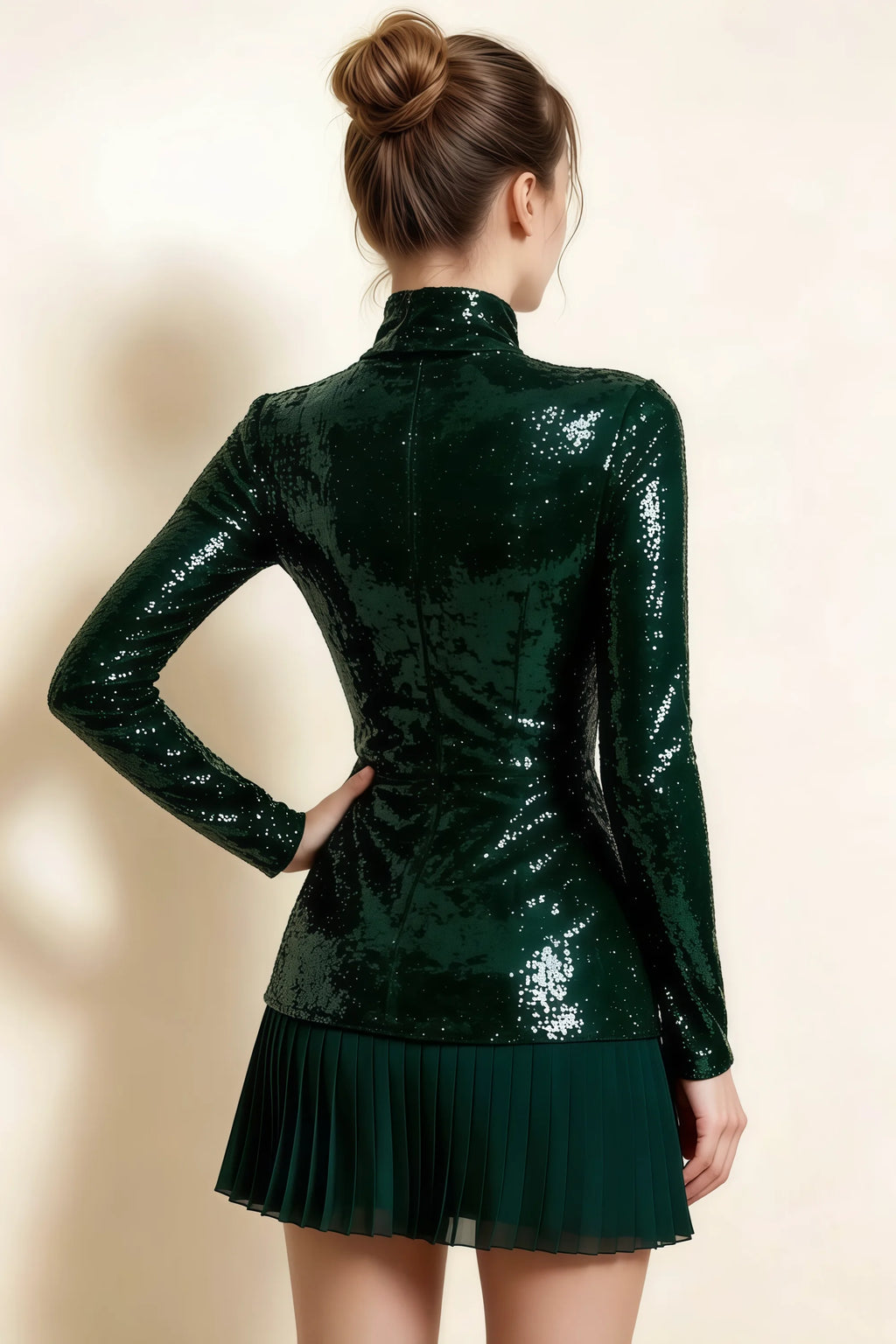 Belle Emerald Green Sequin Pleats High Neck Mini Dress Long Sleeve