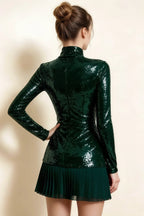 Belle Emerald Green Sequin Pleats High Neck Mini Dress Long Sleeve