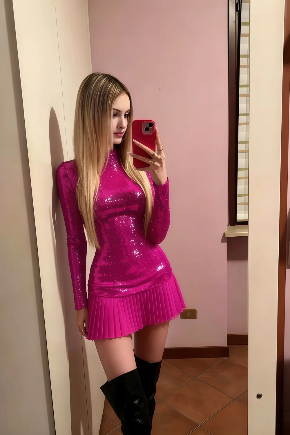 Belle Fuchsia Sequin Pleats High Neck Mini Dress Long Sleeve