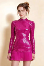 Belle Fuchsia Sequin Pleats High Neck Mini Dress Long Sleeve