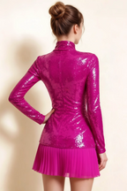 Belle Fuchsia Sequin Pleats High Neck Mini Dress Long Sleeve