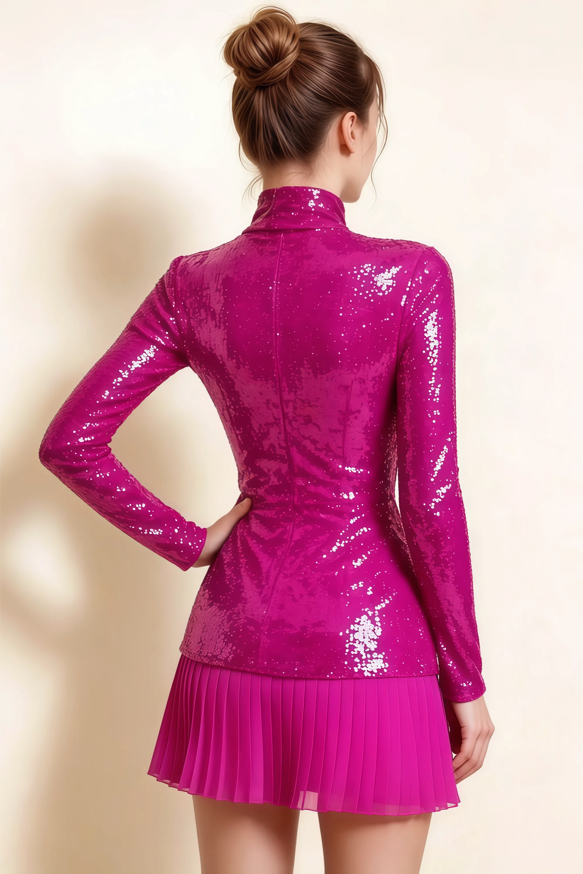 Belle Fuchsia Sequin Pleats High Neck Mini Dress Long Sleeve