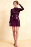 Belle Grape Sequin Pleats High Neck Mini Dress Long Sleeve