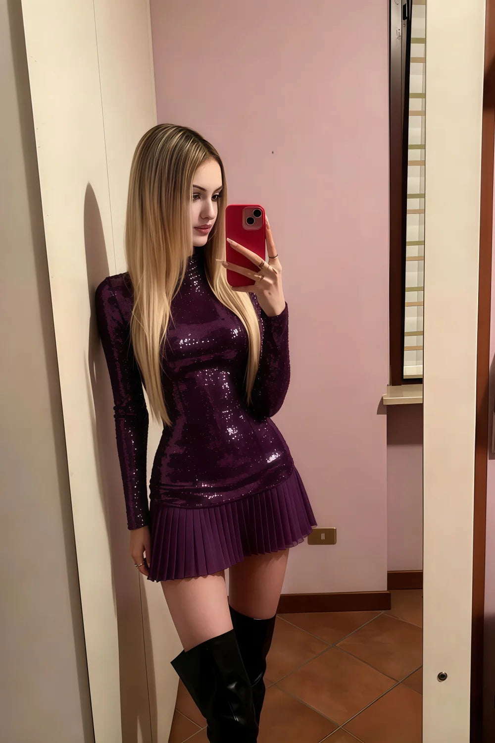 Belle Grape Sequin Pleats High Neck Mini Dress Long Sleeve