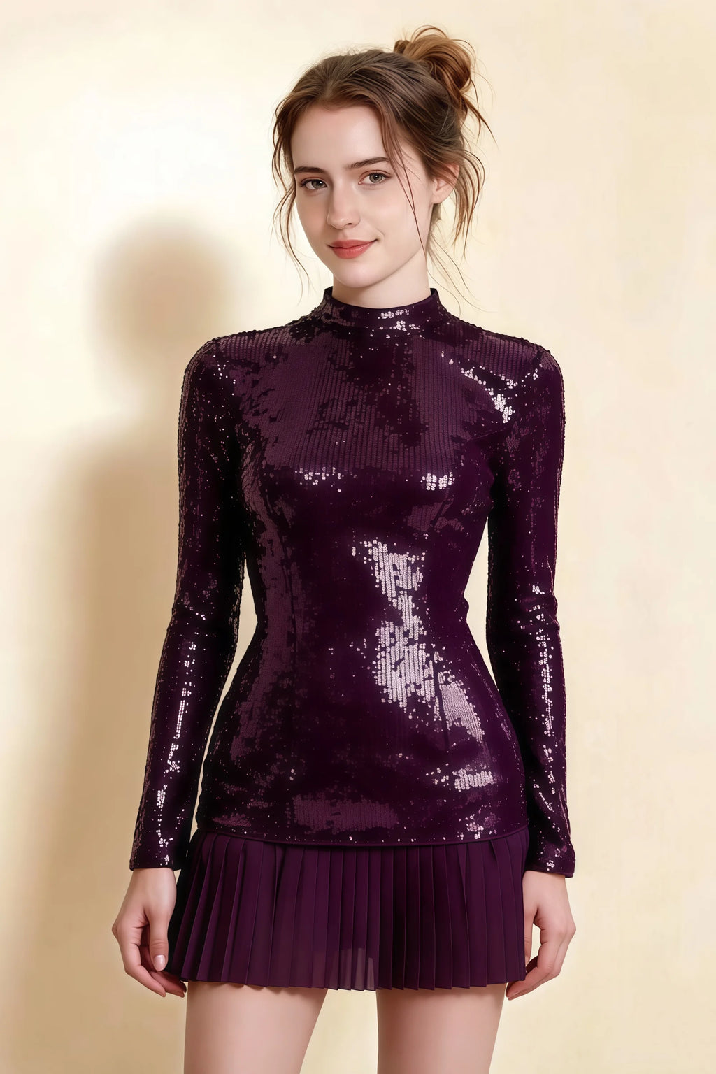 Belle Grape Sequin Pleats High Neck Mini Dress Long Sleeve