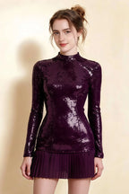 Belle Grape Sequin Pleats High Neck Mini Dress Long Sleeve