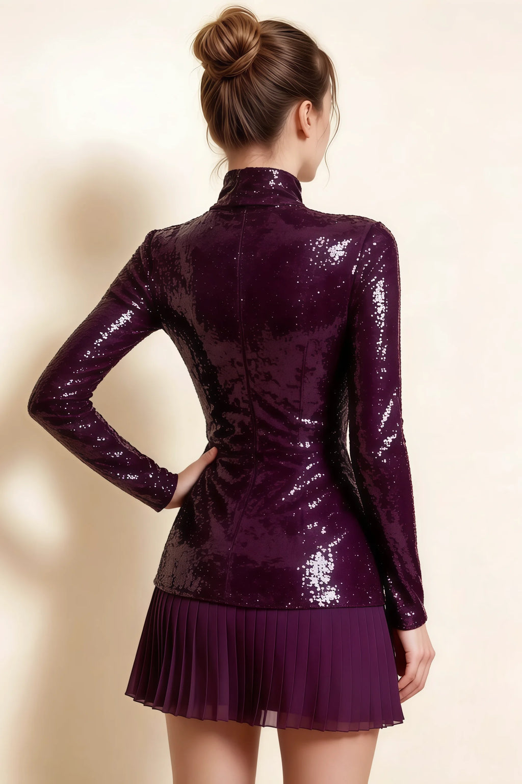 Belle Grape Sequin Pleats High Neck Mini Dress Long Sleeve