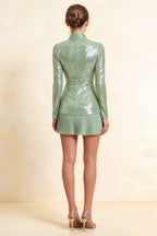Belle Mint Sequin Pleats High Neck Mini Dress Long Sleeve