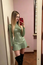 Belle Mint Sequin Pleats High Neck Mini Dress Long Sleeve