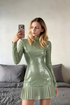 Belle Mint Sequin Pleats High Neck Mini Dress Long Sleeve