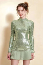 Belle Mint Sequin Pleats High Neck Mini Dress Long Sleeve