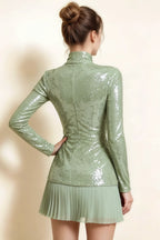 Belle Mint Sequin Pleats High Neck Mini Dress Long Sleeve