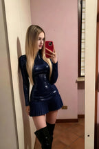 Belle Navy Sequin Pleats High Neck Mini Dress Long Sleeve