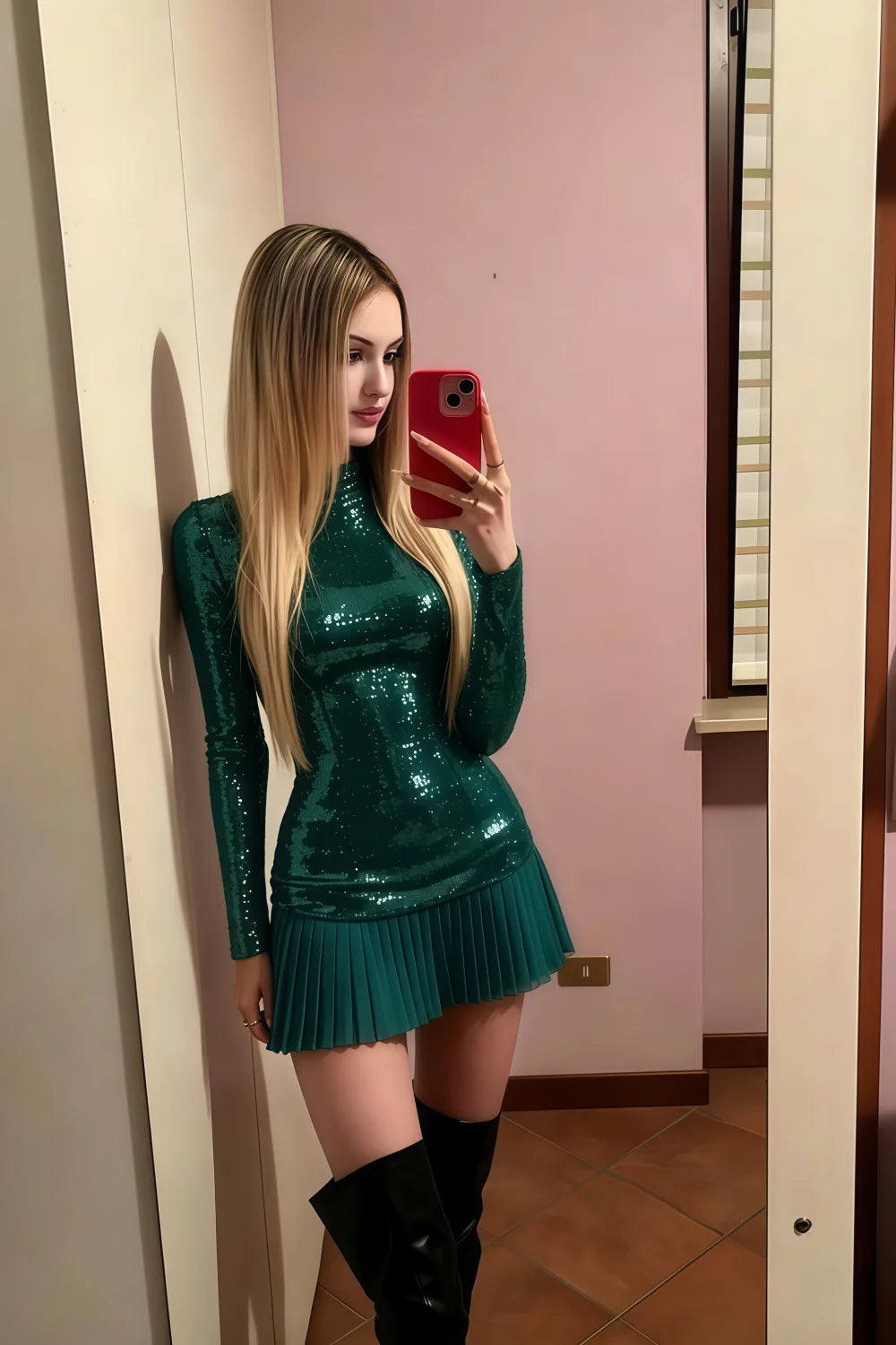 Belle Peacock Sequin Pleats High Neck Mini Dress Long Sleeve