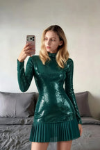 Belle Peacock Sequin Pleats High Neck Mini Dress Long Sleeve